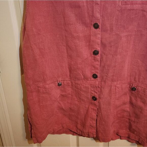 NU Construction XL PinkRedish Slvlss 100% LINEN Pockets Buttons Up Women Tunick - Picture 5 of 9